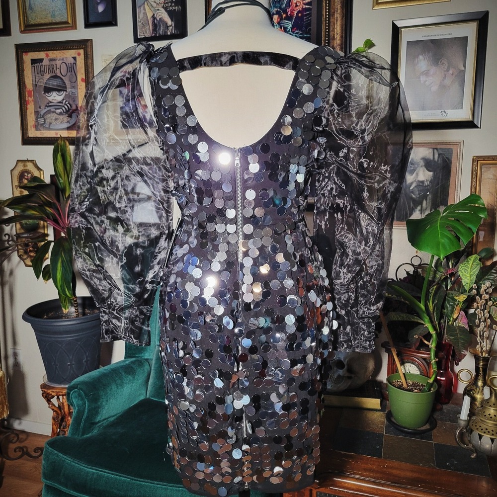 Gabrielle Union NY&C Silver Sequin Mini Dress Sheer Sleeve‎ Party Glam NWT - Picture 3 of 7